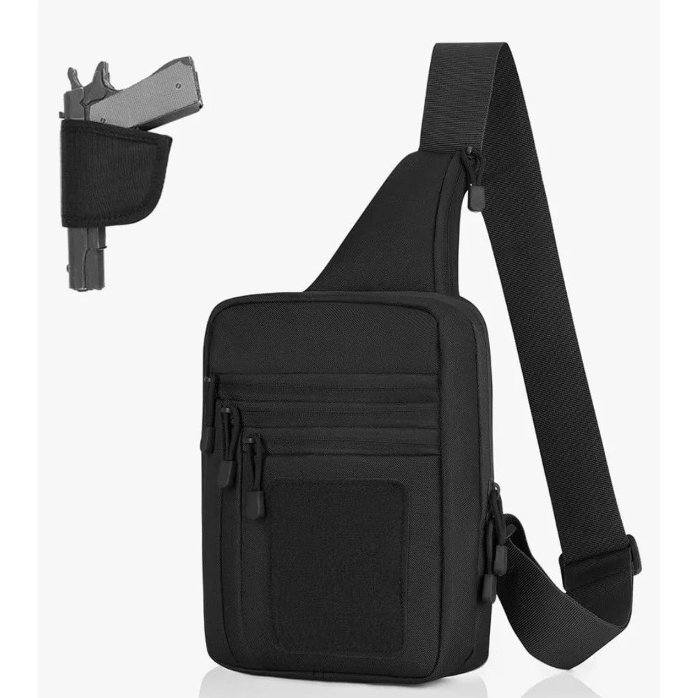 Tactical Sling Bag Black Crossbody Chest Pack with Holster and Patch Panel